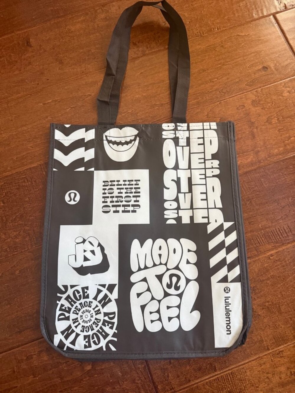 lululemon Reusable Shopping Tote Bag Medium Black White Graphic Collage Print Ne